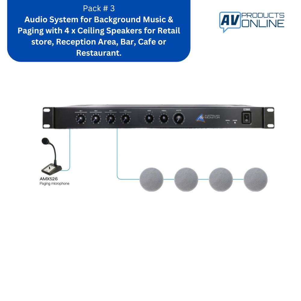 Pack #3 Audio System for Background Music & Paging with 4 x Ceiling Speakers for Retail store, Reception Area, Bar, Cafe or Restaurant.