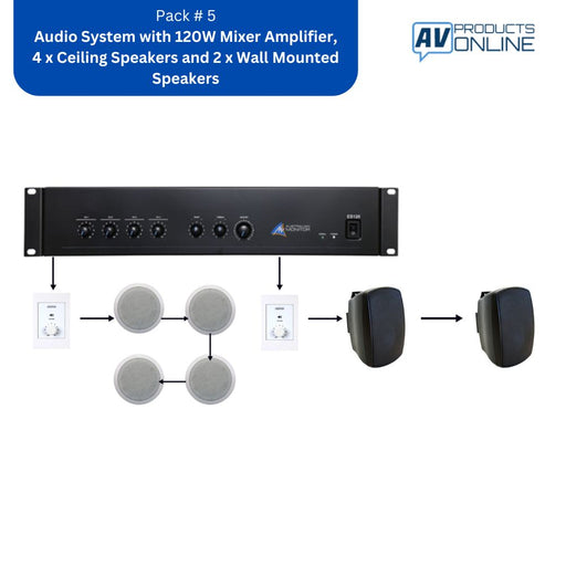 Pack #5 Audio System with 120W Mixer Amplifier, 4 x Ceiling Speakers and 2 x Wall Mounted Speakers