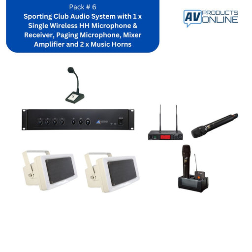 Pack #6 Sporting Club Audio System with 1 x Single Wireless HH Microphone & Receiver, Paging Microphone, Mixer Amplifier and 2 x Music Horns