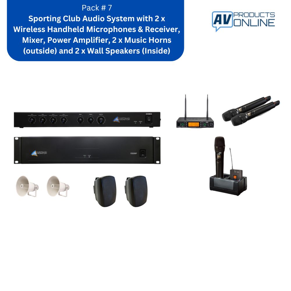 Pack #7 Sporting Club Audio System with 2 x Wireless Handheld Microphones & Receiver, Mixer, Power Amplifier, 2 x Music Horns (outside) and 2 x Wall Speakers (Inside)